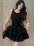Nukty Y2K Sweet Black Mini Dress for Women Elegant O-Neck Sleeveless Birthday Party Short Dresses Slim Waist Vestidos Female Clothing