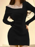Nukty Korean Style Mini Knitted One-piece Dress Women Coquette Sexy Long Sleeve Tunic Cabaret Dresses Khaki Winter Clothes