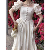 Nukty Elegant Square Collar White Dress Summer Fashion Puff Sleeve Ruffle Dress for Women 2024 Chic Vintage Maxi Dresses