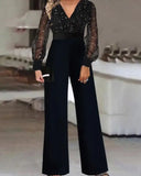 Nukty Elegant Women's Jumpsuit Autumn Fashion Contrast Mesh Long Sleeve Plain V-Neck Party Long Jumpsuit