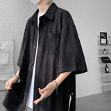 Nukty Wine Red Side Buttons Pleated Shirt Black Apricot Harajuku Button Up Korean Short Sleeve Aesthetic Male Shirts Men Blouse