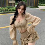 Nukty Casual T Shirts Solid Color Women's Crop Top Ruffles Chiffon Blouse Autumn Outfit Long Sleeve Slim Fit