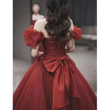 Nukty DRESS TO IMPRESS Burgundy Off Shoulder Prom Dresses Elegant Pleated Bowknot Princess Dress Vestidos Women Formal Floor-Length Evening Gowns