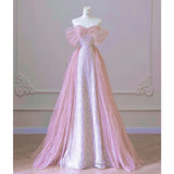 Nukty Exquisite Pink Beaded Sequins Wedding Dress Evening Party Gown with Detachable Tulle Train Birthday Dresses Vestidos De Noche