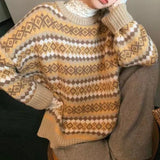 Nukty Fair Isle Sweater Argyle Oversized Crew Neck Pullovers Women Knit Jumper Autumn Winter Vintage Outfit