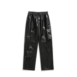 Nukty Men's Leather Motorcycle Cargo Pants Multi-Pockets Black PU Pants Men Elastic Waist Mopping Trousers All-match Windproof