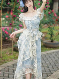 Nukty Sky Blue Chiffon Print Vintage Womern's Two Pieces Set Romantic Ruffles Top Lace Embroidery Asymmetrical Skirt Suit Fashion Lady