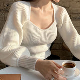 Nukty Women Casual Office Sweaters Square Collar Solid Elegant Sweater Lantern Long Sleeve Knit Jumpers Women Fall Winter