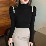 Nukty Pearls Puffe Sleeve Knit Sweater Women Autumn Winter Pleated Slim Fit Knitwear Woman Half High Neck Pullovers Female