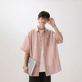 Nukty Summer men Short Sleeve Shirt For Men Striped Loose Polos Lapel Shirts New unisex High Street Pocket Blouse Couple shirt