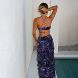 Nukty Vintage Print Ruffles Edge Split Maxi Dress For Women Fashion V-neck Sleeveless Bodycon Long Robe Sexy Vocation Beach Party Gown