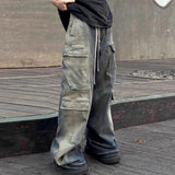 Nukty RO Style Gradient Ribbons Multi-pockets Drawstring Jeans for Men Harajuku Streetwear Baggy Y2K Denim Trousers Oversized Cargos