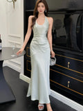 Nukty Elegant Satin Solid Women's Dresses Sexy Halter V-neck  Female Clothing Formal Occasion New Sleeveless Evening Party Long Dress