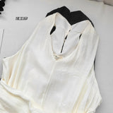 Nukty Summer Vintage Casual Fashion Elegant Sleeveless Long Dress Women V-Neck Corset Plain Folds A-Line Clothes Evening Dresses