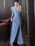 Nukty Women's Sexy Blue Evening Gown Luxury Dresses Slim Backless V-Neck Split Maxi Dress Fashion Robe Birthday Party Spring Autumn