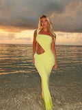 Nukty Women Sexy Hollow Waist Single Shoulder Dress Elegant Backless Bodycon Pleated Long Dresses Lady Vocation Beach Party Robe
