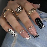Nukty 24Pcs Mid-length Ballet Fake Nail Tips Wearable Coffin False Nails with Rhinestone Black White French Design Press on Nails
