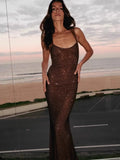 Nukty Elegant Bead Mesh Patchwork Long Dress For Women Backless O-neck Sleeveless Slim Robes Shiny Party Club Sexy Dresses
