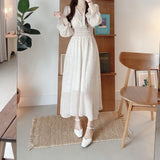 Nukty Korean Floral Print Midi Dresses for Women Summer New Pleated Slim Waist V-neck Long Sleeves Chiffon Sweet Female Clothing