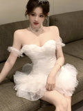 Nukty French Elegant White Mini Women's Cake Dresses Slash-Neck Strapless Mesh Sexy Dress Prom Female Clothes New Spring Summer 2025