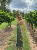 Nukty Women Elegant Green Sequins Long Skirt Set Sexy Backless Sleeveless Tops High Waist Skirts Summer New Vocation Beach Outfit