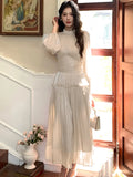 Nukty Elegant Chic French Pleated Solid Dresses New Puff Sleeves Slim Wasit Midi Women's Dresses Party Prom Female Clothes Mujer