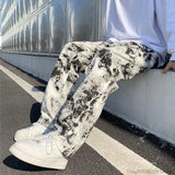 Nukty Mens Jean Fashion Printed jeans Spring Mopping Trousers Jeans Korean Style High Street Loose Hip Hop Wide-leg Jean Pants