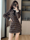 Nukty Small Fragrant Style French Bow Slim Fit Dress Lace Brown Plaid Round Neck Long Sleeved Single Breasted Waist Dresses For Women