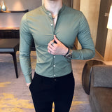 Nukty Men Slim Fit Shirt Autumn Cotton Solid Stand Collar Casual Business Long-sleeved Shirts Male Fashion Camisas Men Clothing