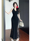Nukty Sexy Black Lace Hollowed Halter Dresses Women Off Shoulder Backless Slim Mermaid Long Dress High Fashion Party Outfits Vestidos