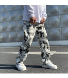 Nukty Mens Jean Fashion Printed jeans Spring Mopping Trousers Jeans Korean Style High Street Loose Hip Hop Wide-leg Jean Pants