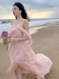 Nukty Summer Pink Elegant Pleated High Waist Split Long Dress Women Fashion Backless Halter Strapless Fairy Dress Female 2024 Vestido
