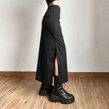 Nukty Women Midi Skirts Goth Dark Grunge Casual Tag Split Mall Gothic Punk High Raise Slim Long Skirt Y2k Sexy Fashion Streetwear
