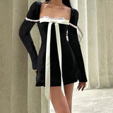 Nukty Elegant Bow Patchwork Long Sleeve Fashion Mini Dresses Square-neck Lace Fashion Bodycon Dress Evening Party Vestidos