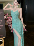 Nukty Women's Sexy Green Evening Dresses Slim Backless V-Neck Split Gown Long Dress Fashion Robe Birthday Party Vestidos Spring Autumn