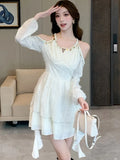 Nukty Elegant Princess Mini Dress for Women Sequin Off Shoulder Ruffle Long Sleeve A-Line Vestidos Vintage Korean Female Short Dresses