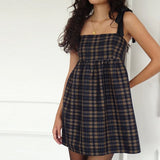 Nukty Strap Plaid Print A-Line Party Dress Cottage Cutest Tie up Strap Babydoll Mini Dress Y2k Vintage Fairy Sleevelss Dress Women