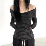 Nukty  Sexy Off Shoulder Long-Sleeve Women T Shirt Vintage Stripes Slim All-Match Tops Y2K Spring Korean Streetwear Casual Female Tees