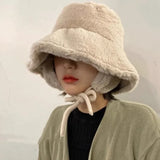 Nukty Korean New Ear Protection Bucket Hats for Women Autumn and Winter Travel Versatile Warm Retro Solid Color Plush Men's Caps