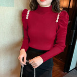Nukty Pearls Puffe Sleeve Knit Sweater Women Autumn Winter Pleated Slim Fit Knitwear Woman Half High Neck Pullovers Female
