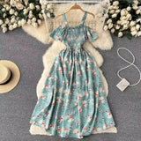 Nukty Romantic Floral Print Long Summer Dress Women Fashion Off Shoulders Straps Vacation Beach Dress Korean Party Vestidos