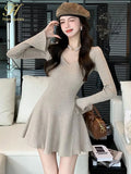 Nukty Autumn Solid Knitted Dresses for Women Elegant Fashion V-Neck Slim Evening Party Mini Dress Female A-Line Casual Vestidos Mujer