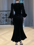 Nukty Elegant Velvet Black Mermaid Dress for Women Autumn Vintage Slim Solid Lantern Sleeve Dresses Fashion Evening Party Female Robe