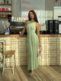 Nukty Women Elegant Round Neck Maxi Dress Fashion Green Sleeveless Bodycon Beach Robes Summer New High Street Vocation Dresses