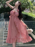 Nukty Sweet Ruffles Birthday Party Midi Dress Elegant Halter Spaghetti Strap Princess Evening Dresses Summer A-line Casual Vestidos