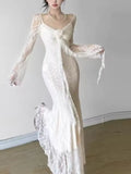 Nukty Women's Floral Ruffles Sexy Slim Dresses  French Vintage Women White Lace Long Sleeved Dress Summer Holiday A-line Vestidos New