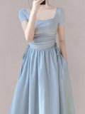 Nukty New Elegant Summer Short Sleeve Vacation Dress For Women Square Neck Casual Solid Party Dresses Korean Chic Slim A-line Vestidos