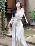 Nukty Vintage Women Solid Dress Suits Long Sleeve Blazer Short Coat Fashion New Stain Elegant Lady A-line Skirts Korean Female Clothes
