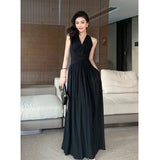 Nukty Elegant Backless Sexy Club Pleated Vest Long Dresses Women Black High Waist Beige V Nec Vacation Slim Party Evening Dress Summer