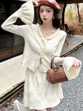 Nukty Elegant Casual Knitted Two-piece Skirt Set Women Flare Sleeve V-Neck Cardigan Mini Pleated Skirt Autumn Y2K Slim Fit Outfits New